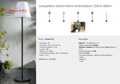 Lampadaire solaire ou filaire 800 lumens Groupe DDC