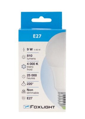 Ampoule LED standard E27 9W=810 lumens blanc neutre FOX LIGHT