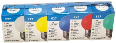 Lot de 5 ampoules LED sphériques colorées E27 1W=50 lumens FOXLIGHT