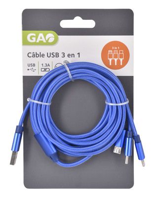 Câble chargeur USB nylon 3 en 1 universel 2.5 m GAO