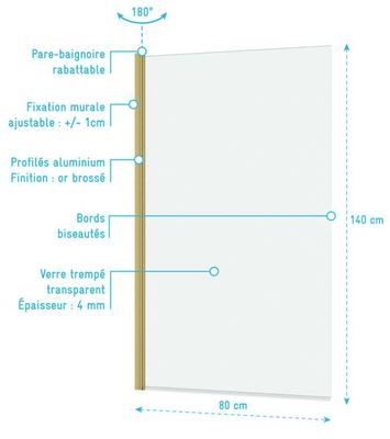 Pare-baignoire rabattable avec profilés or brossé 140 X 80 cm Essentiel AURLANE