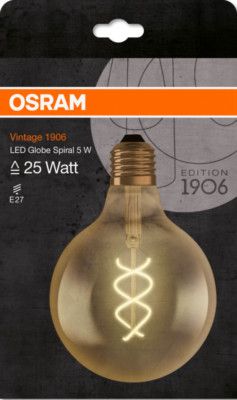 Ampoule LED globe 1906 filament spirale ambrée E27 5 W = 250 lumens blanc chaud OSRAM