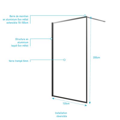 Paroi de douche Gun metal Edge 120x200 cm AURLANE