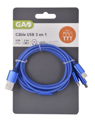 Câble chargeur USB nylon 3 en 1 universel 1 m GAO