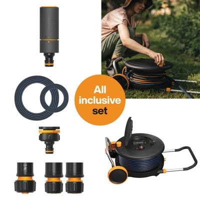 Dévidoir de jardin équipé avec un tuyau de 30m et raccords Comfort L FISKARS