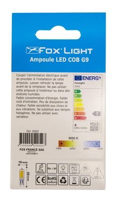 Ampoule LED G9 COB 3.8W = 410 lumens blanc chaud FOXLIGHT