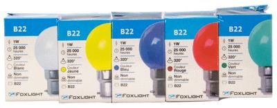 Lot de 5 ampoules LED sphériques colorées B22 1W=50 lumens FOXLIGHT