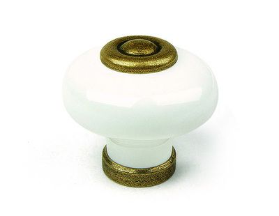 Bouton de meuble rond porcelaine blanc et vieux laiton doré 26 mm diamètre 31 mm REI