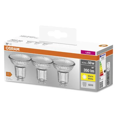 Lot de 3 ampoules LED spot GU10 4,3W = 350 lumens blanc chaud - Halopar 16 OSRAM