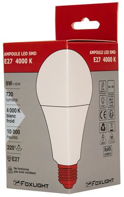 Ampoule LED standard E27 9W=720 lumens blanc neutre FOX LIGHT