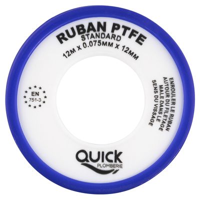 Ruban téflon PTFE 12 mètres ep.0,075 mm x l.12 mm QUICK PLOMBERIE