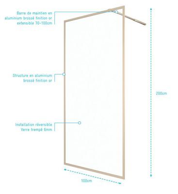 Paroi fixe douche à l'italienne Golden Edge or brossé transparent 100 x 200 cm AURLANE