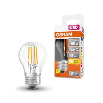 Ampoule LED Sphérique E27 Filament clair 5,5W=806 lumens Blanc chaud OSRAM
