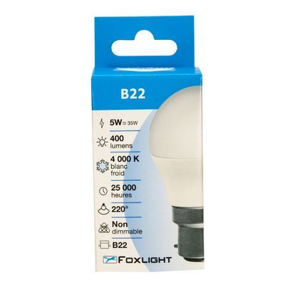 Ampoule LED sphérique B22 5W = 400 lumens blanc neutre FOXLIGHT