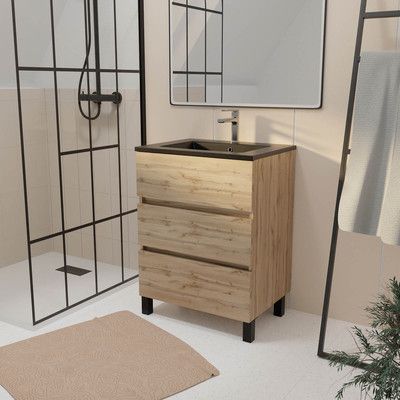 Meuble de salle de bains sur pieds 3T Timber chêne naturel vasque céramique noire L 60 cm AURLANE