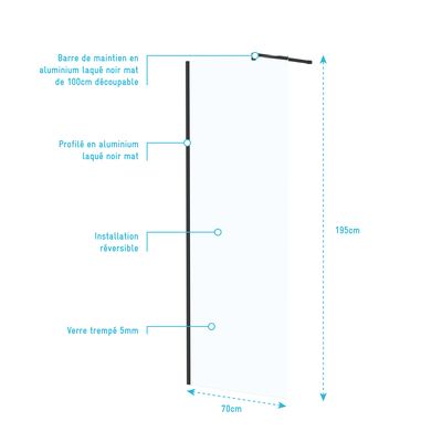 Paroi de douche Essentiel avec profilé noir 70 x 195 cm AURLANE