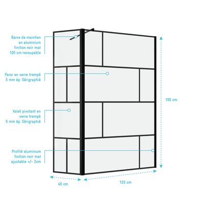 Paroi de douche avec déflecteur Bricks 120+40x195 cm AURLANE