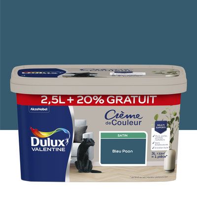 Peinture Crème de Couleur Bleu Paon satin 2,5 l + 20 % - DULUX VALENTINE