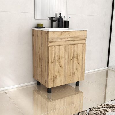 Meuble de salle de bains sur pieds 2P Timber chêne naturel vasque céramique blanche L 60 cm AURLANE