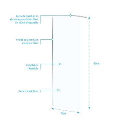 Paroi de douche Essentiel avec profilé chrome 70 x 195 cm AURLANE