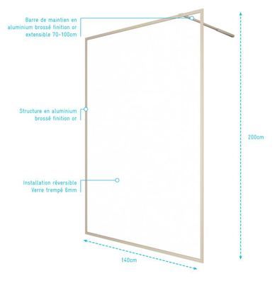 Paroi fixe douche à l'italienne Golden Edge or brossé transparent 140 x 200 cm AURLANE