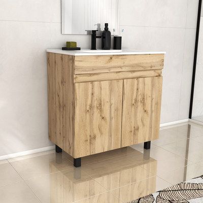 Meuble de salle de bains sur pieds 2P Timber chêne naturel vasque céramique blanche L 80 cm AURLANE