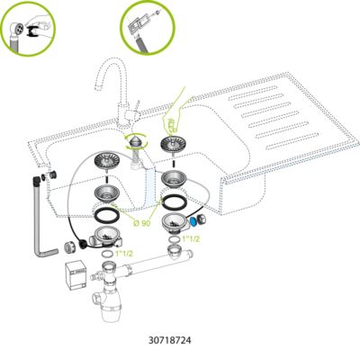 Bonde évier 2 bacs diamètre 90 mm câble avec trop-plein Chantier