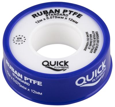 Ruban téflon PTFE 12 mètres ep.0,075 mm x l.12 mm QUICK PLOMBERIE