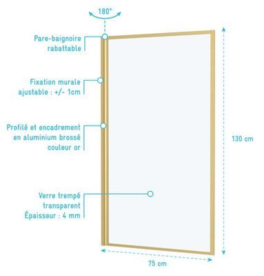 Pare-baignoire rabattable avec profilés et encadrement or brossé 130 X 75 cm Edge AURLANE