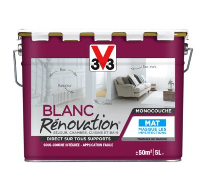 Peinture de rénovation séjour, chambre, cuisine et bain 2en1 blanc mat 5 l V33