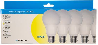 Lot de 5 ampoules LED standard B22 9W = 810 lumens blanc chaud - FOXLIGHT