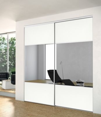 Porte de placard coulissante partitionnée blanc nacré et miroir 1 vantail H 2,50 m x L 0,91 m YKARIO