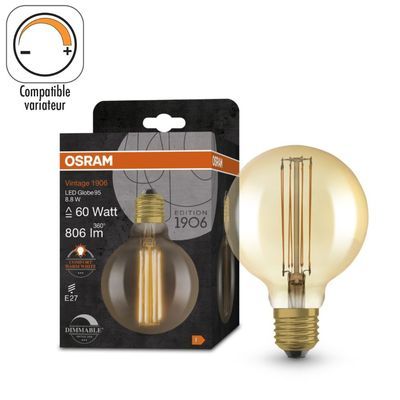 Ampoule LED Globe E27 Ambrée variable 8,8W=806 lumens Blanc chaud OSRAM