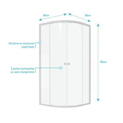 PAROI PORTE DE DOUCHE SPOT 1/4 CERCLE 90X90CM DE LARGEUR AURLANE