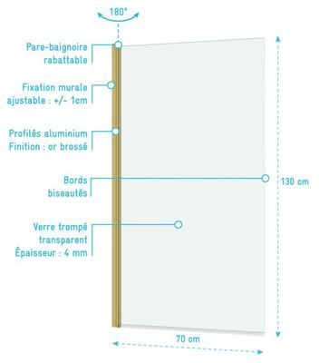 Pare-baignoire rabattable avec profilés or brossé 130 X 70 cm Essentiel AURLANE