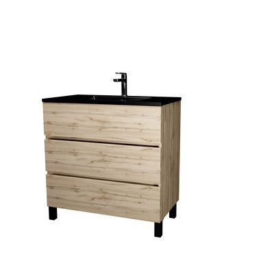 Meuble de salle de bains sur pieds 3T Timber chêne naturel vasque céramique noire L 80 cm AURLANE