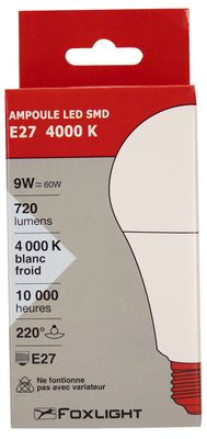 Ampoule LED standard E27 9W=720 lumens blanc neutre FOX LIGHT