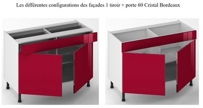 Façade de cuisine 1 porte + 1 tiroir Cristal bordeaux 70 x 60 cm pour meuble