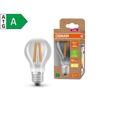 Ampoule LED Standard E27 Filament clair 7,2W=1521 lumens Blanc chaud Classe A OSRAM