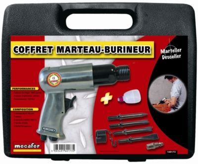 Marteau burineur 150 mm pour compresseur avec 4 burins et accessoires MECAFER