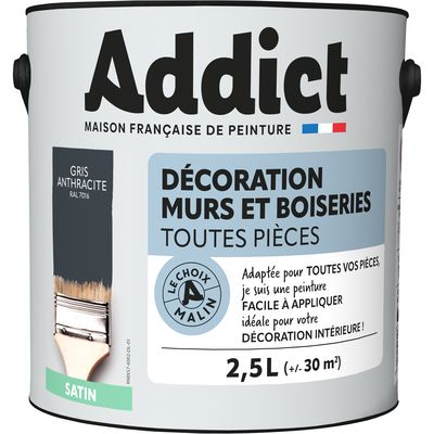 Peinture décoration Murs et Boiseries SATIN 2.5 L Gris Anthracite - ADDICT