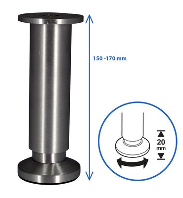 Pied de meuble rond inox diamètre 38 mm réglable 150 à 170 mm