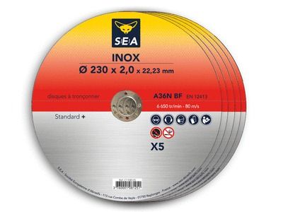 Disques à tronçonner inox diamètre 230 mm par 5 SEA