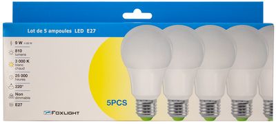 Lot de 5 ampoules LED standard E27 9W = 810 lumens blanc chaud - FOXLIGHT