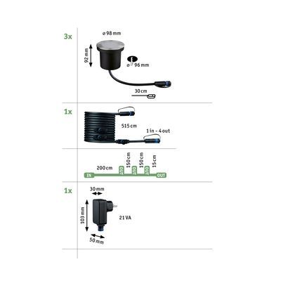 Spots encastrables extérieur LED blanc chaud IP67 3x4,5W 3x180 lumens 24V Kit de démarrage - Floor Plug & Shine PAULMANN