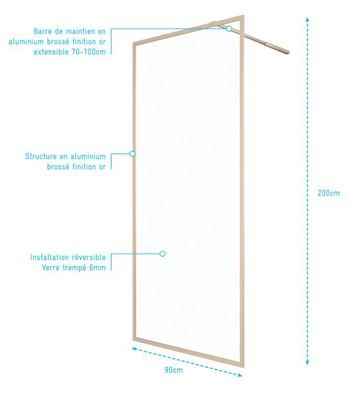 Paroi fixe douche à l'italienne Golden Edge or brossé transparent 90 x 200 cm AURLANE