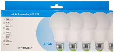 Lot de 5 ampoules LED standard E27 9W = 810 lumens blanc neutre - FOXLIGHT