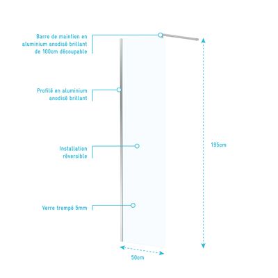 Paroi de douche Essentiel avec profilé chrome 50 x 195 cm AURLANE