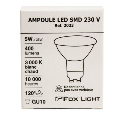 Ampoule LED spot GU10 5 W )= 400 lumens blanc chaud FOX LIGHT