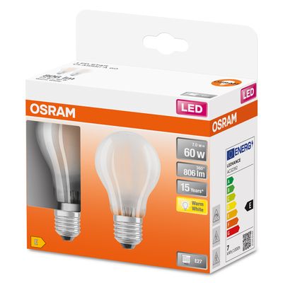 Lot de 2 ampoules LED standard dépoli E27 7W = 806 lumens blanc chaud Retrofit Classic - OSRAM